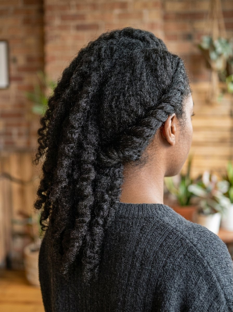 Close-up of a person with dark, textured hair styled into a side twist, wearing a grey sweater.