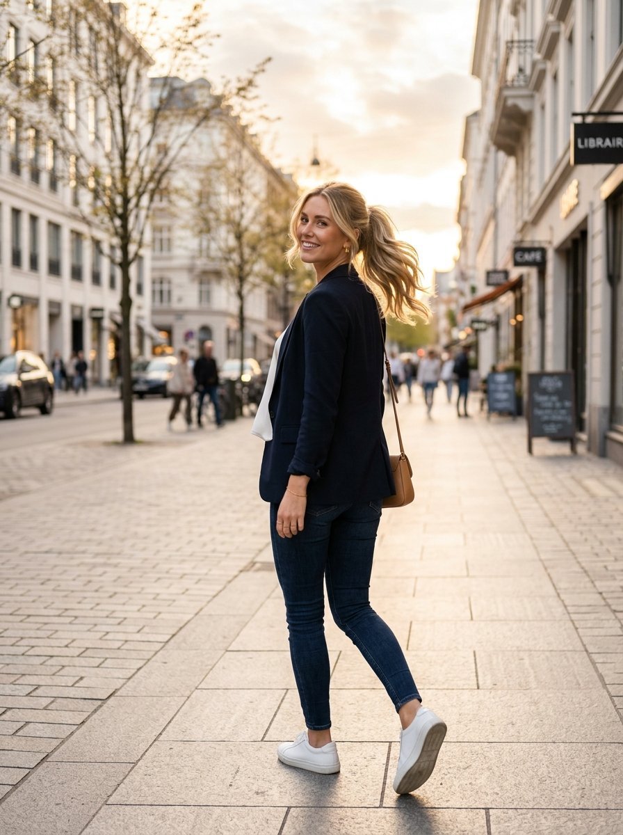A blonde woman wearing a dark blazer and skinny jeans turns around to smile while walking on a stone city sidewalk.