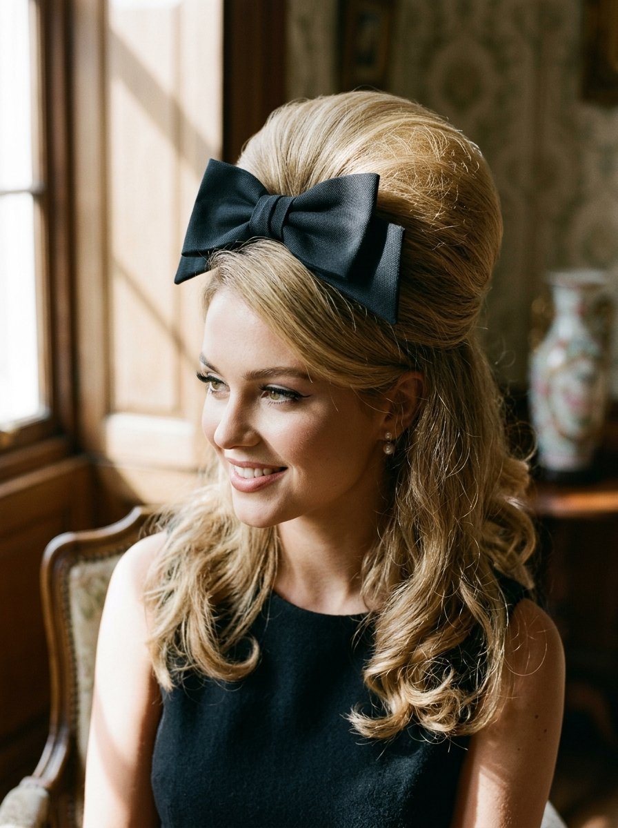 A blonde woman wearing a 1960s style beehive hair updo accessorized with a dark fabric bow.