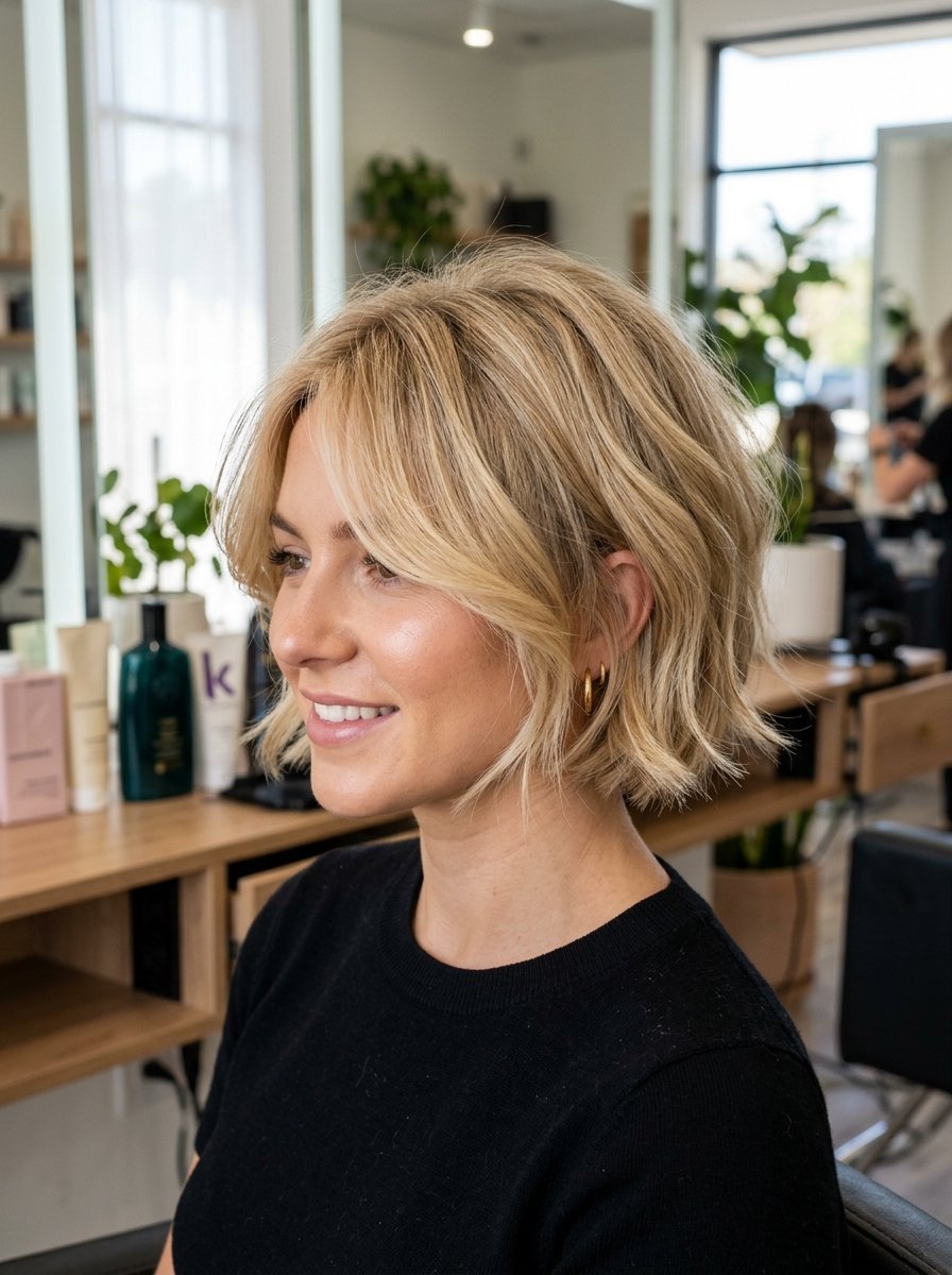 Profile view of a woman with short blonde hair styled into a wavy bob with wispy fringe in a salon.