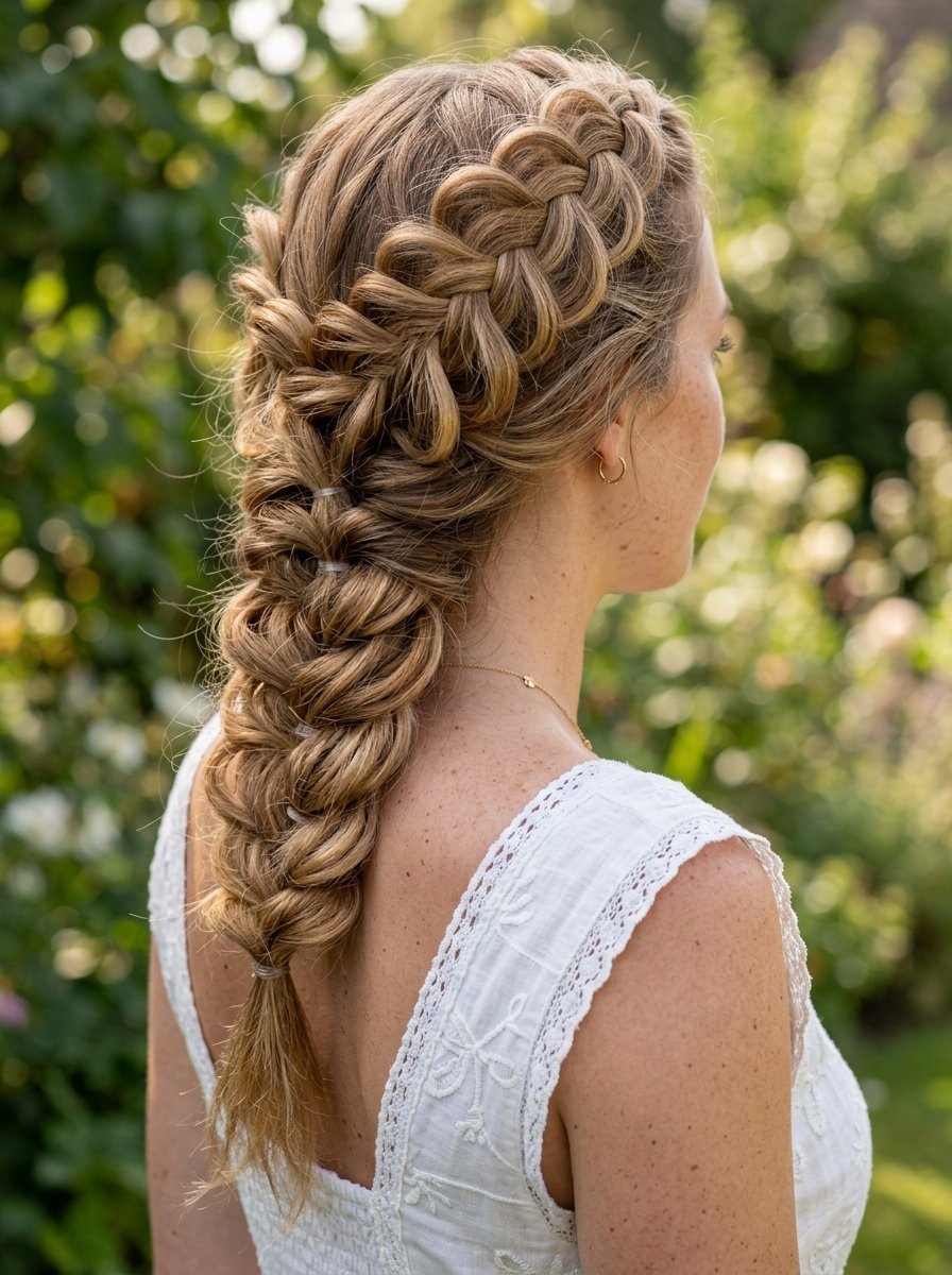 Back view of a woman wearing a complex crown braid and long ponytail style with clear elastics in a park.