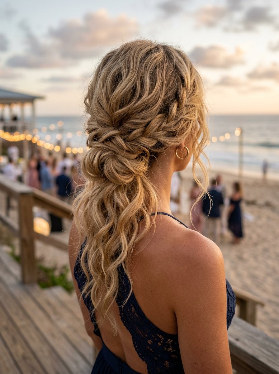 Close up of a woman with a messy braided ponytail looking out at a beach wedding gathering during sunset.