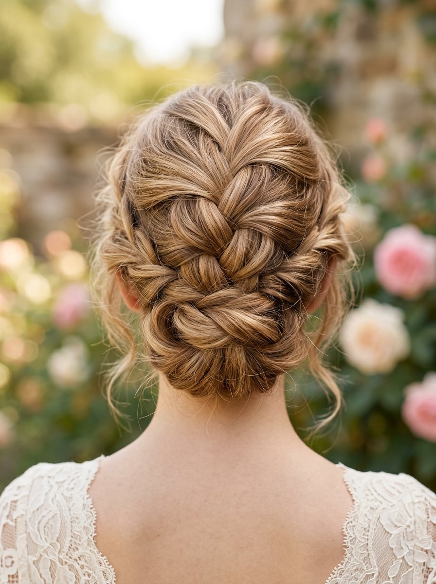 Back view of a woman with highlighted hair styled into a complex braid tied into a low bun.