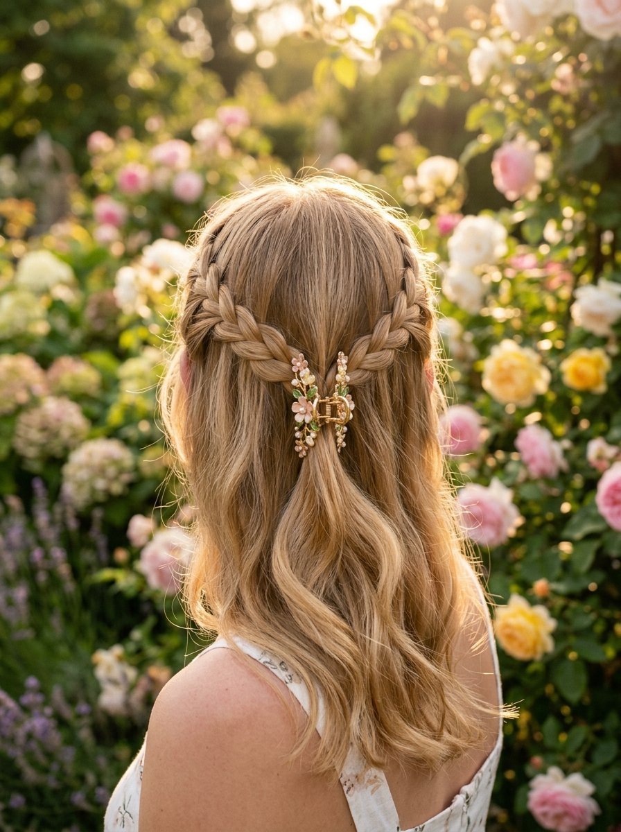 Woman with blonde hair in half-up braids secured by a gold flower-adorned claw clip in a garden.