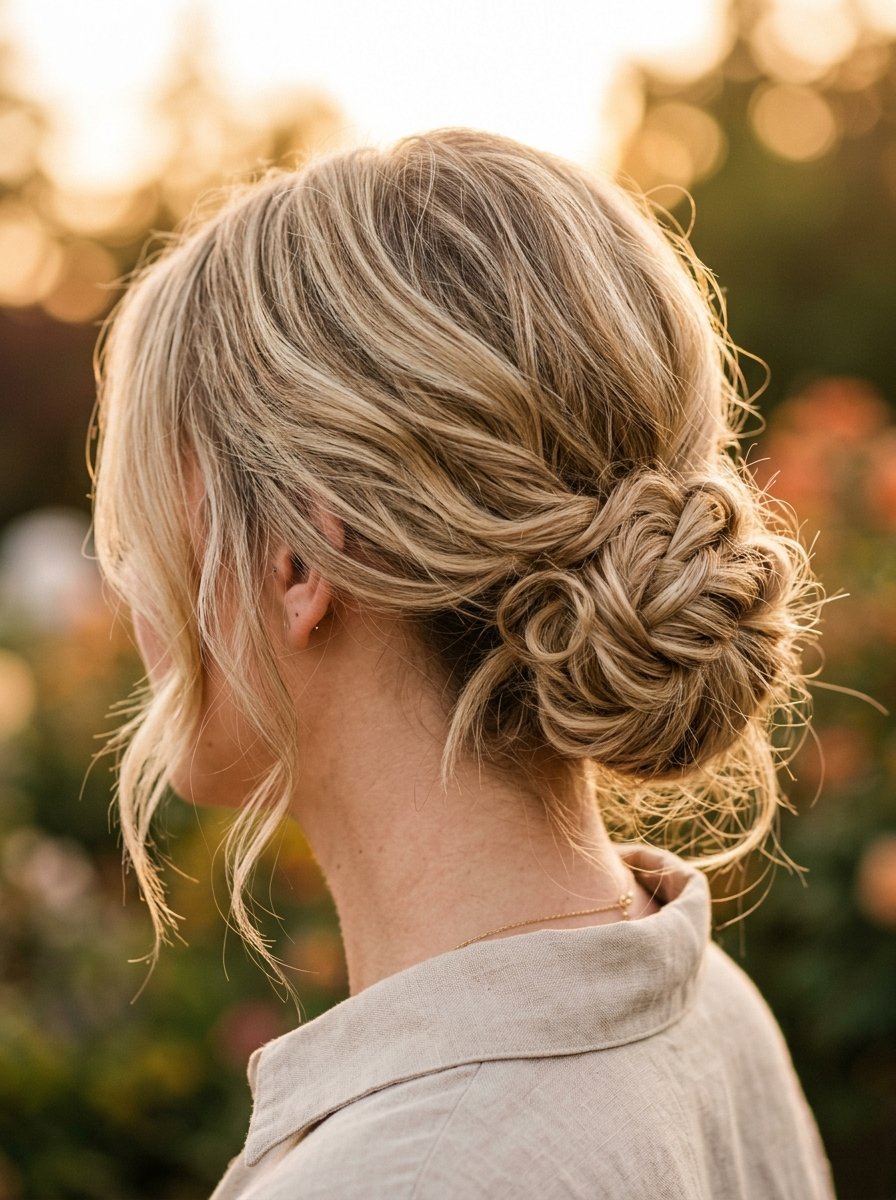 Back view of a woman with blonde hair styled in an intricate low bun with wispy face-framing pieces.
