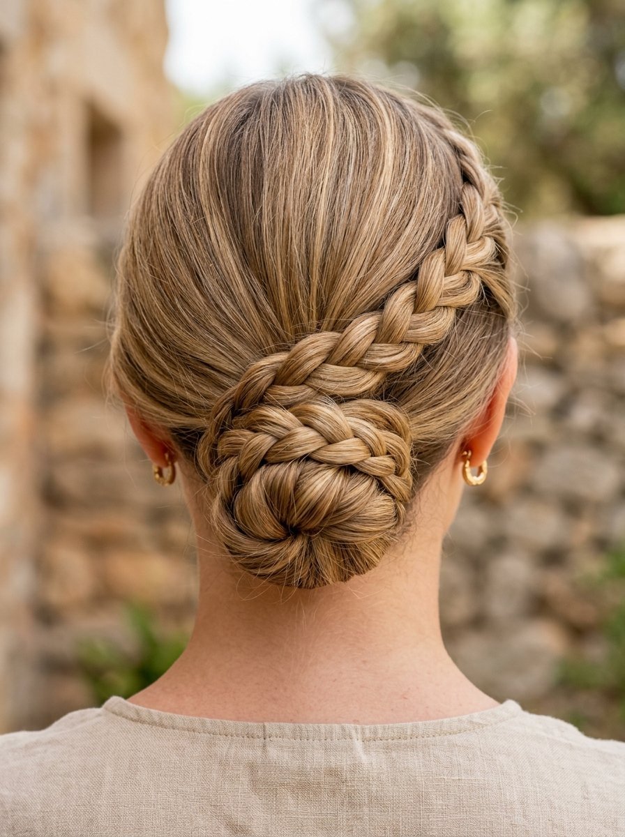 Close up of a woman with blonde hair styled in a sophisticated low braided bun against a rustic stone wall.