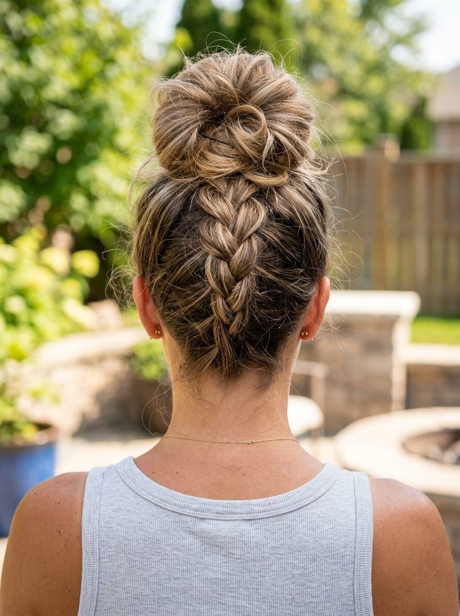 Woman with blonde highlights wearing a braided high bun hairstyle outdoors