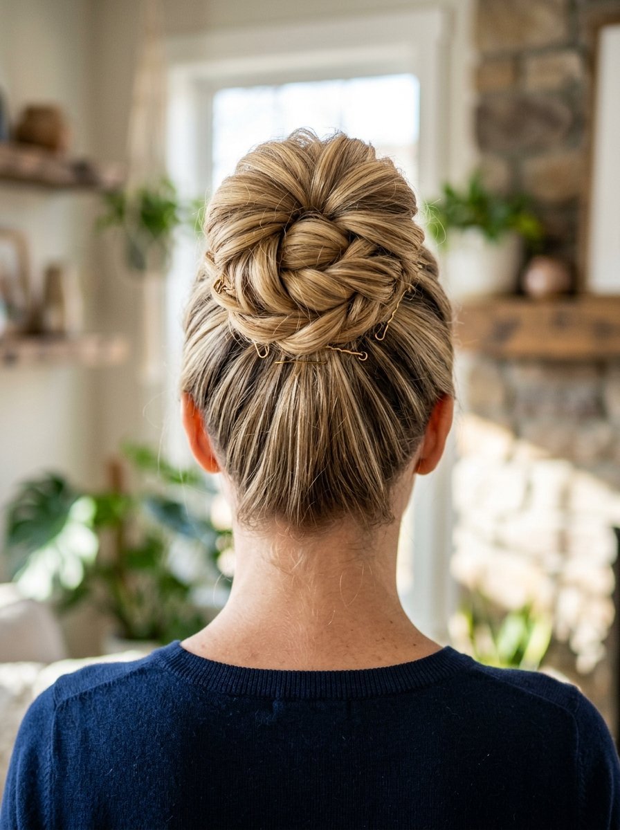 Rear view of a blonde woman with a woven hair bun secured by metallic bobby pins.