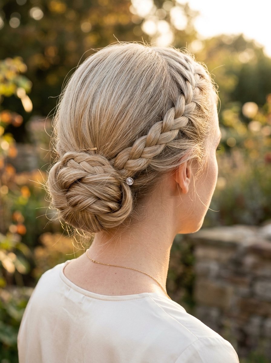 Close up rear view of a woman with blonde hair styled in a side French braid leading into a low braided bun.