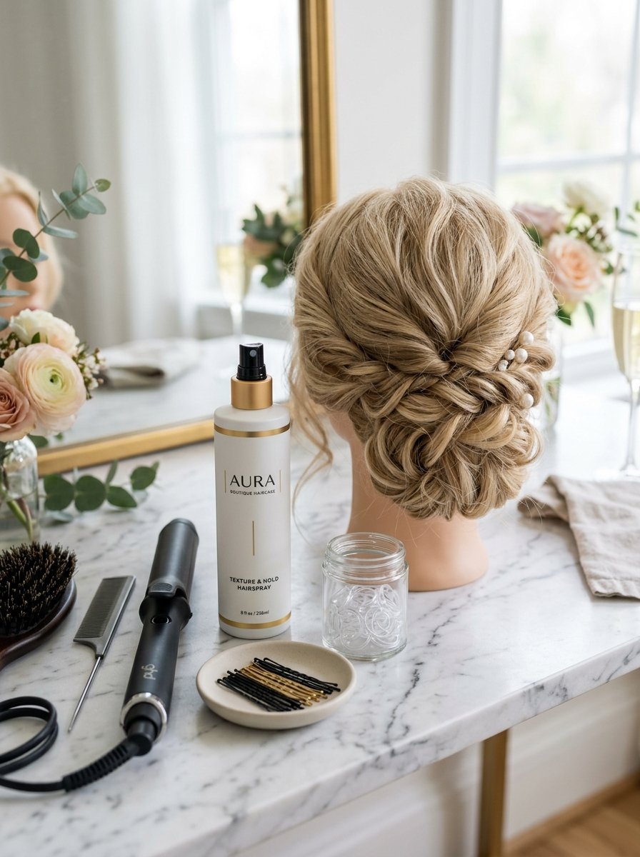 A mannequin with an intricate blonde braided updo hairstyle sits on a marble table with hair spray, pins, and an iron.