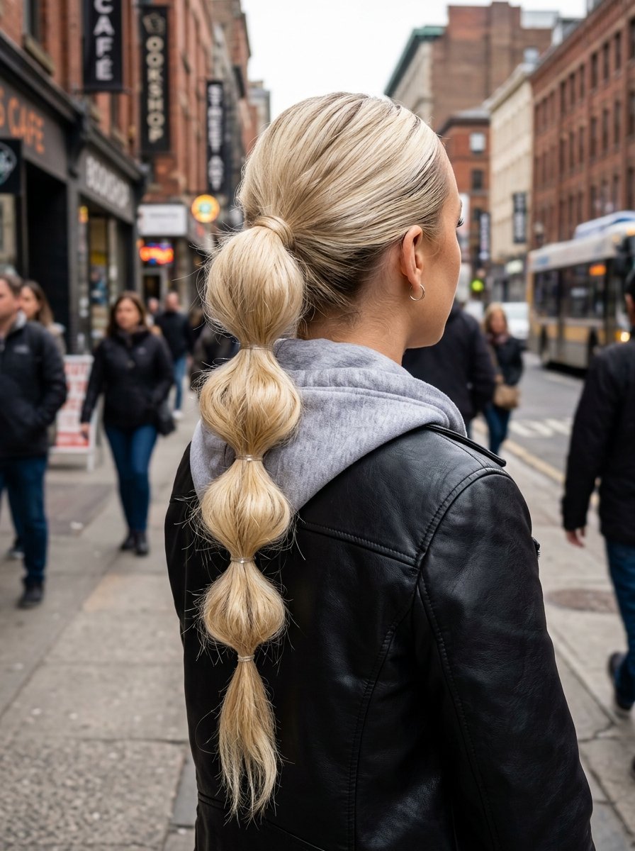 Close up of a blonde woman seen from behind with her hair styled in a long, segmented bubble ponytail.