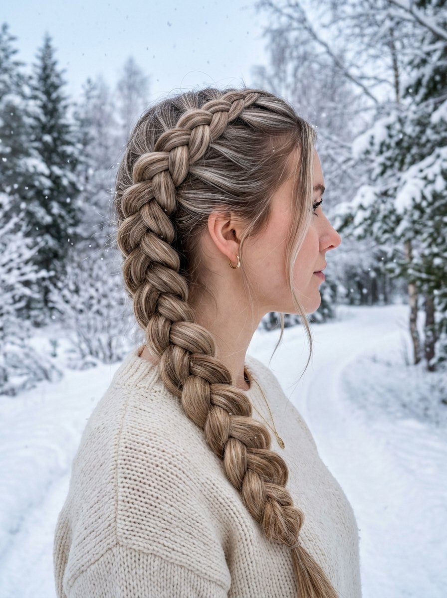 Blonde woman with a large Dutch braid wearing a chunky cream sweater in a snowy forest.