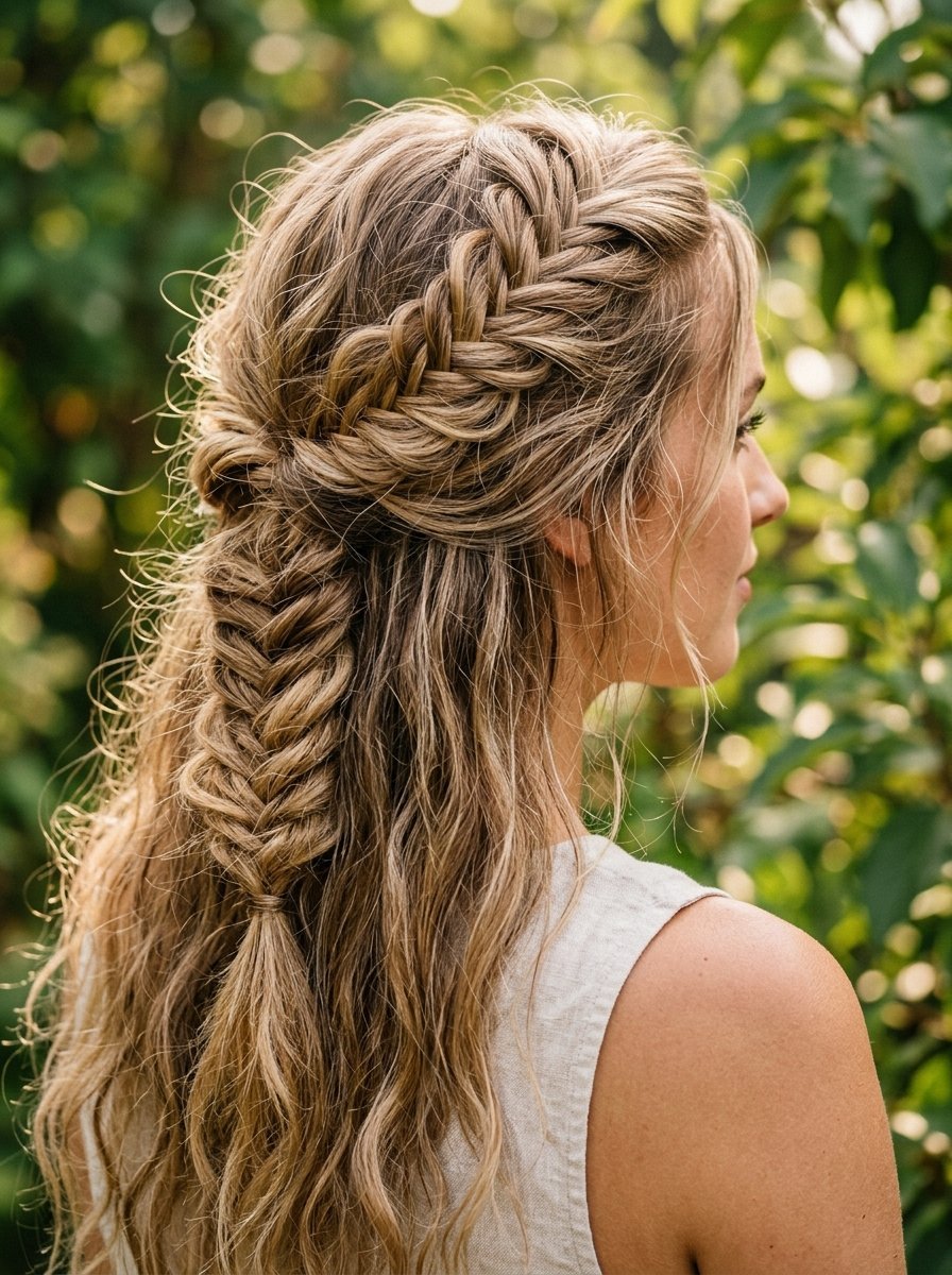 Woman with wavy blonde hair styled in a half-up fishtail braid outside against a green garden background.