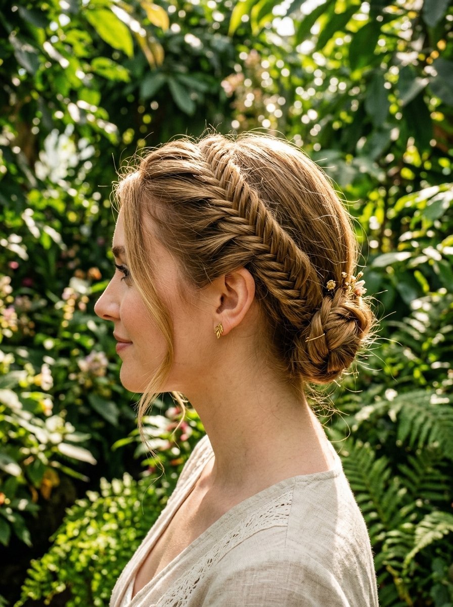 A woman in profile showing a detailed fishtail crown braid pulled into a low bun amidst lush green foliage.
