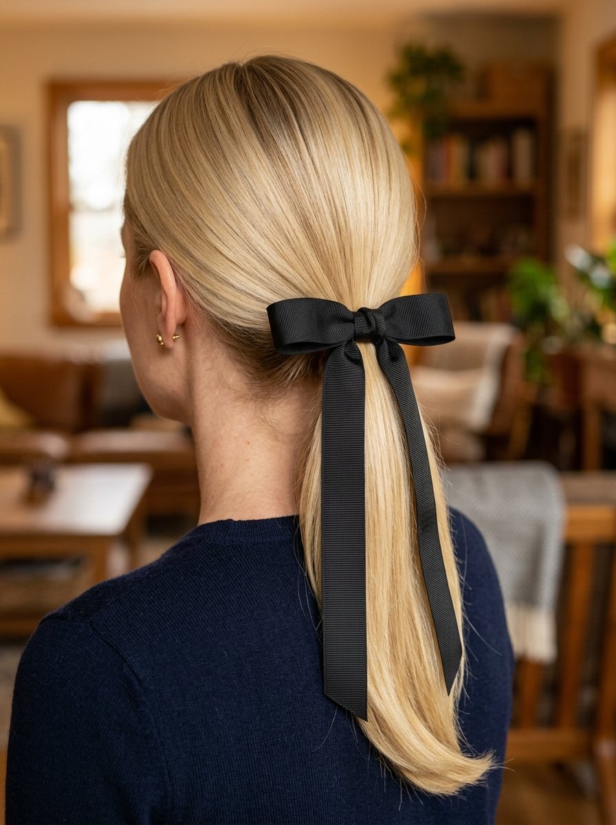 Close up view from behind of a blonde woman wearing a simple black grosgrain ribbon hair bow.