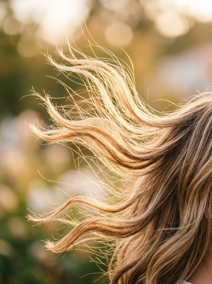 Close-up of golden blonde hair illuminated by sunlight, catching a gentle wind outdoors.