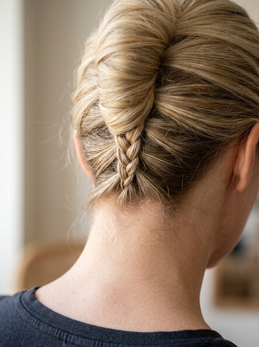 Close up view of blonde hair styled in a tight French braid leading into a gathered updo at the nape of the neck.