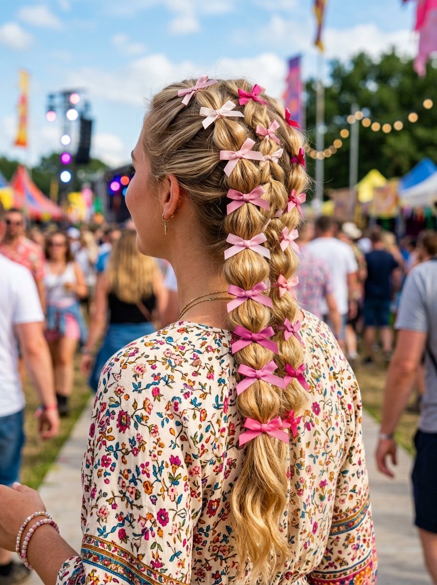 A woman at a music festival with blonde hair styled in double bubble braids adorned with small pink and red bows.