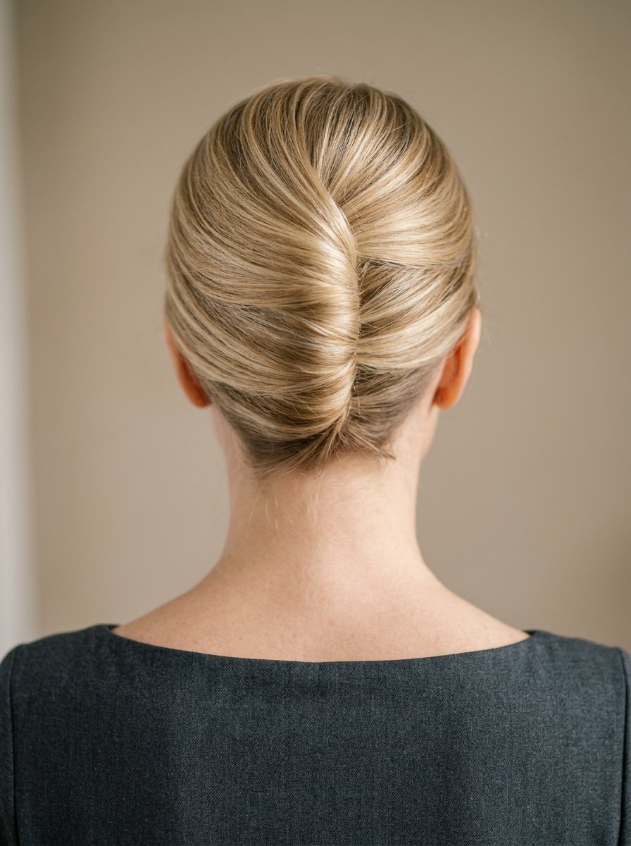Back view of a woman with highlighted blonde hair styled in a sleek vertical French twist updo.