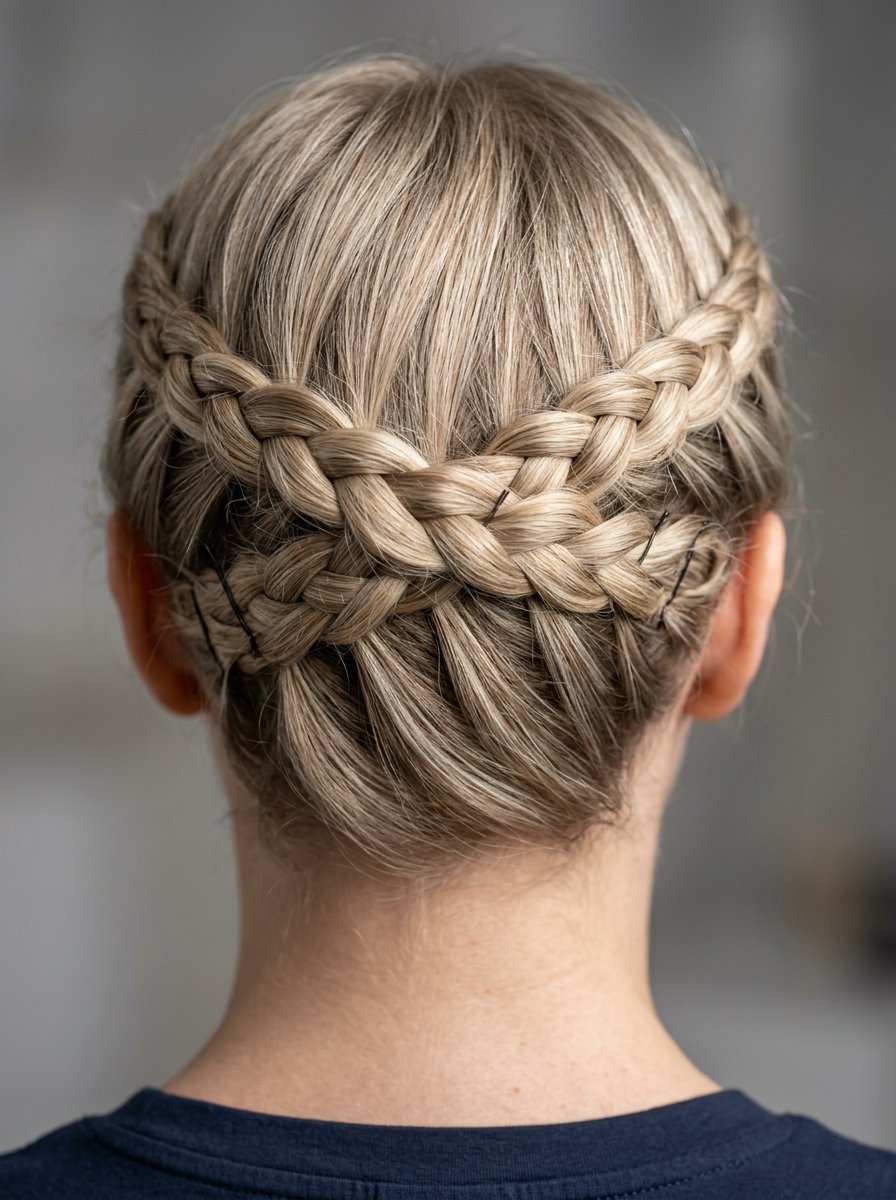 Close-up view of intricate double braided hairstyle styled with bobby pins on blonde hair.