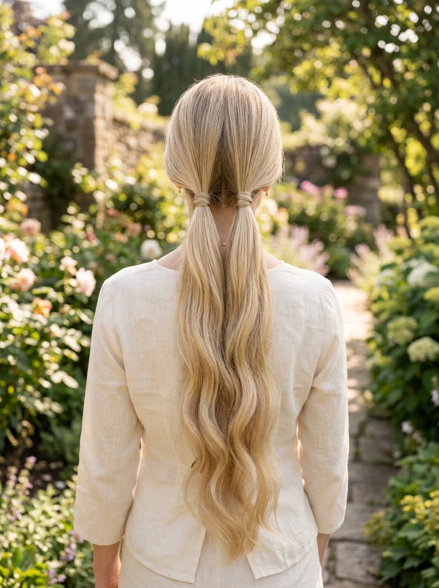Back view of a woman wearing a cream linen shirt with her long blonde hair styled in two low, sleek ponytails.