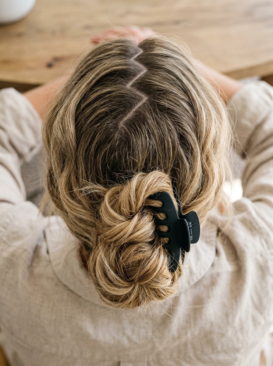 Top view of blonde hair styled in a low bun held by a black hair clip against a wooden background.