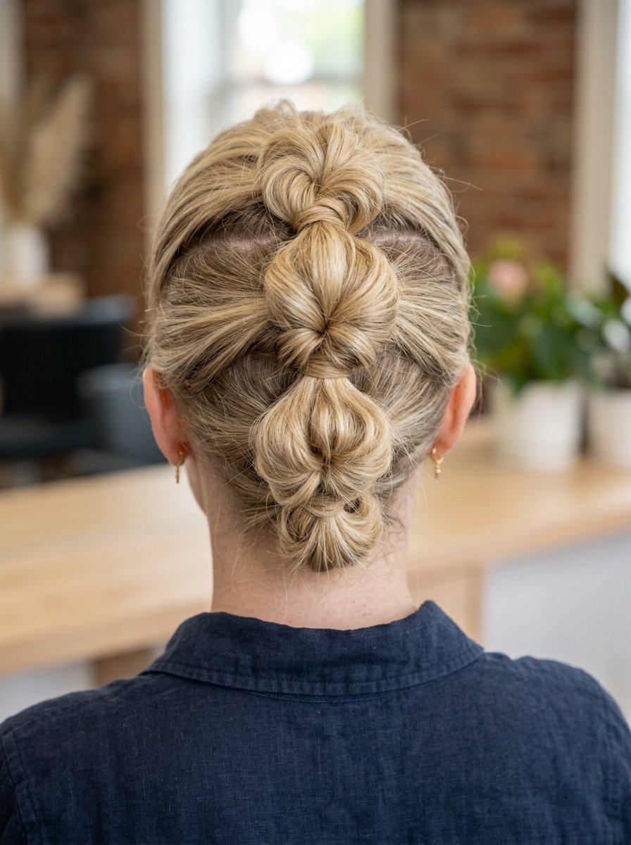 Back view of a woman with blonde hair styled into a neat row of pull-through braid segments.