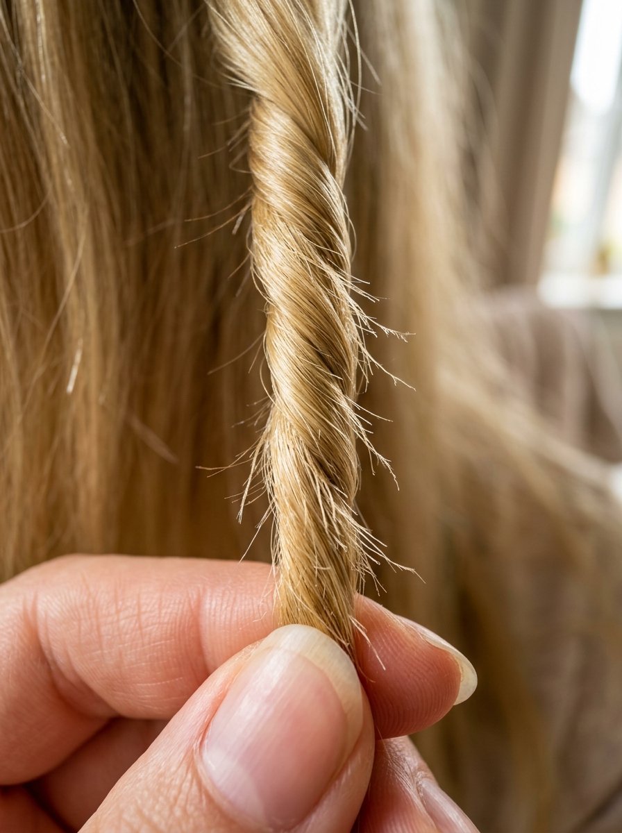 Fingers holding a single lock of light blonde hair twisted into a tight spiral.