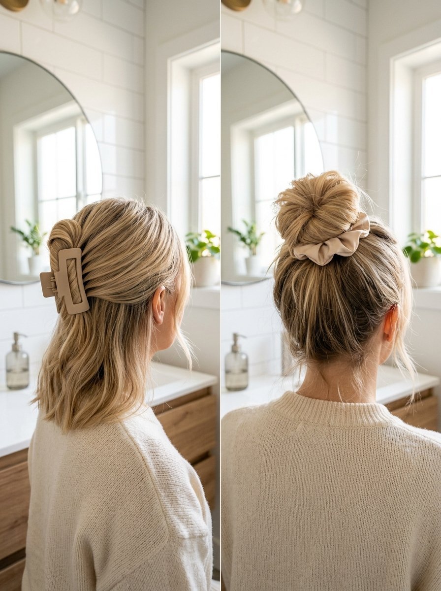 Comparison view of blonde hair half-up with a square claw clip versus a full high bun with a beige scrunchie.