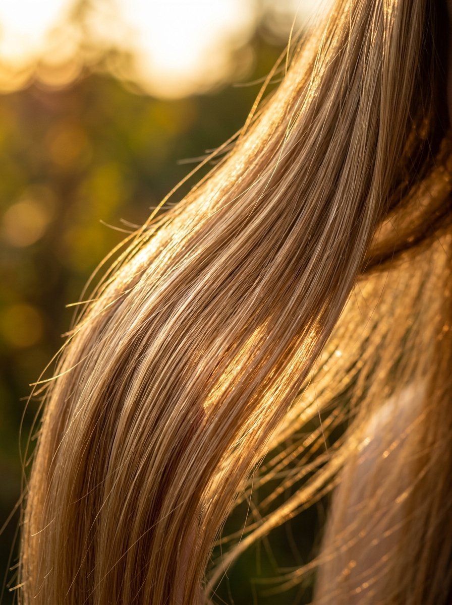 Close-up of straight blonde hair strands catching the warm glow of the setting sun.