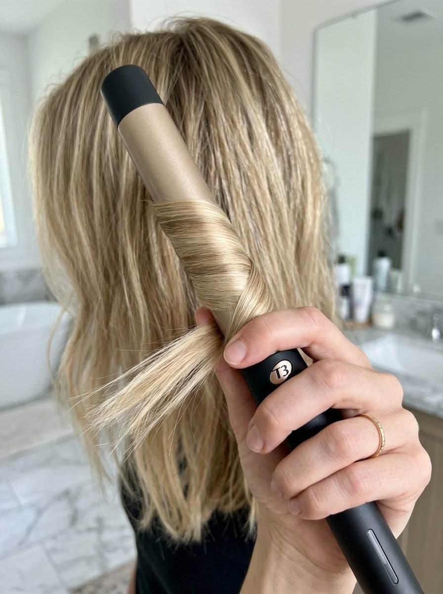 Close-up of a hand wrapping a section of light blonde hair around a metallic gold T3 styling tool.