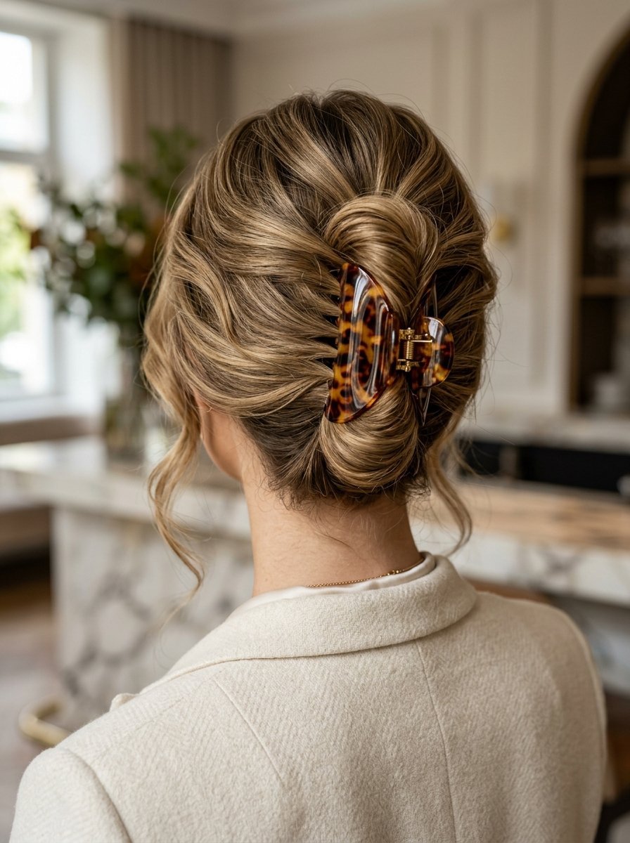 Back view of a woman with blonde hair styled in a chic twist held by a patterned tortoiseshell hair clip.