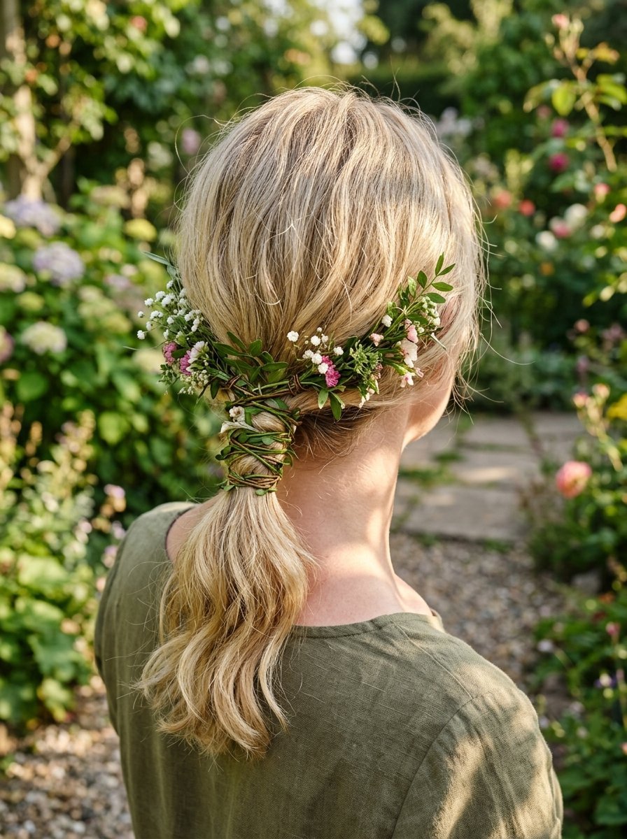 Back view of a woman wearing a low ponytail wrapped in natural vines and small pink and white flowers.