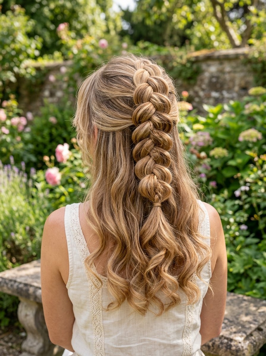 Back view of a woman with long blonde wavy hair styled in a half-up French braid in a garden setting.