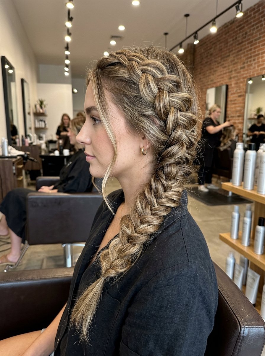 Side profile view of a woman wearing a loose fishtail braid with blonde highlights in a salon setting.