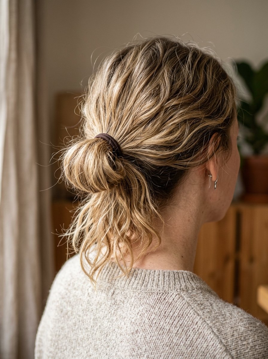 Back view of a woman with highlighted messy hair tied in a loose bun with a brown elastic band.
