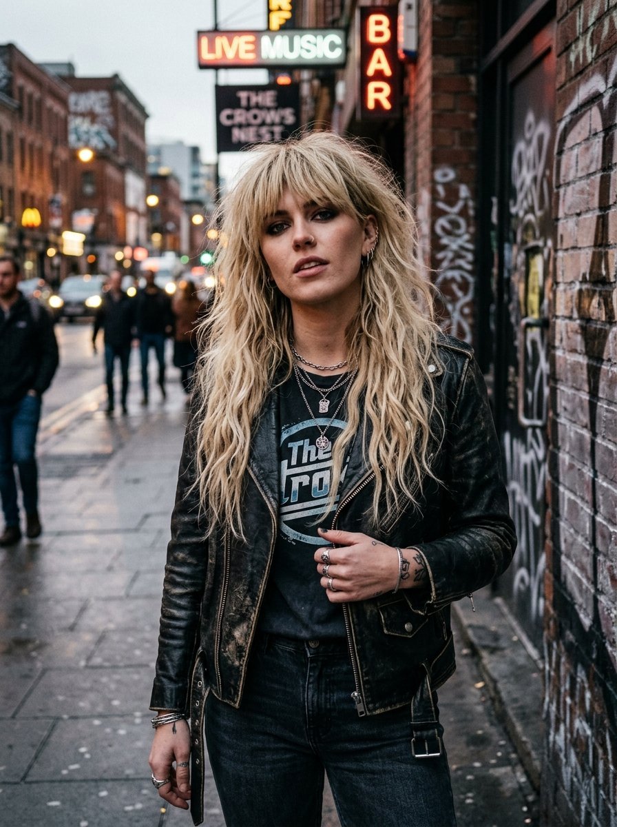 Portrait of a blonde woman with a choppy layered hairstyle standing on a city street near neon bar signs.