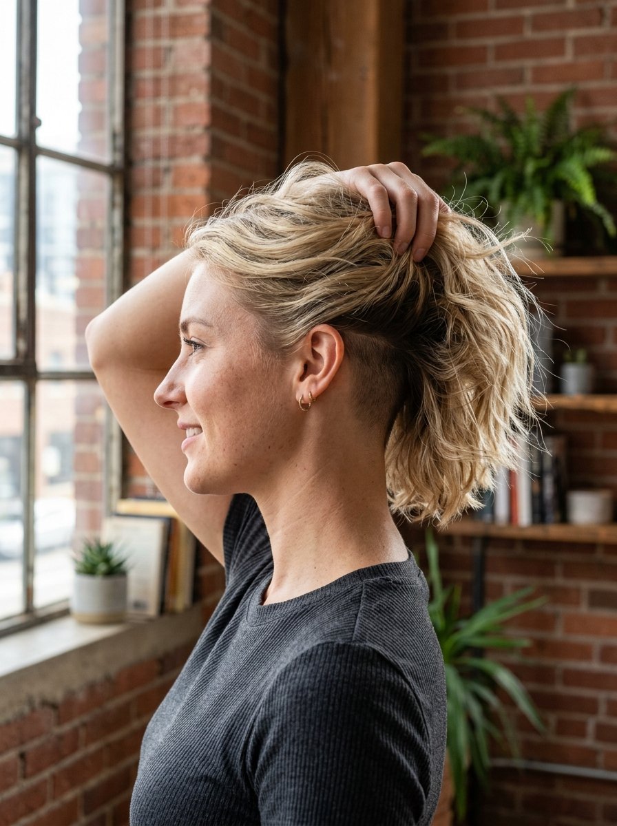 Side profile of a woman showcasing a short blonde undercut hairstyle and small gold hoop earrings.