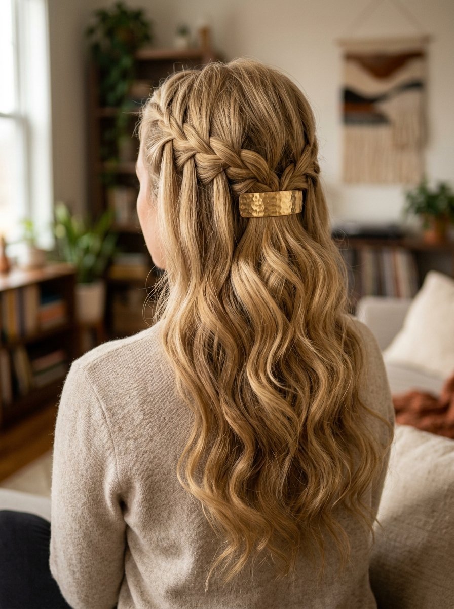 Back view of a woman with long wavy blonde hair styled in a waterfall braid secured by a hammered gold bar clip.