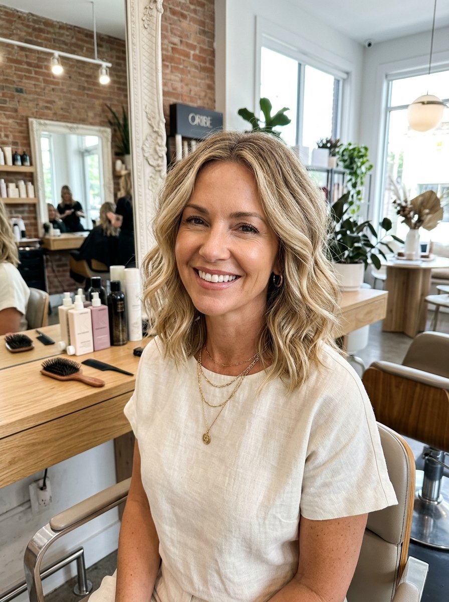 Smiling woman with layered blonde waves sitting in a chair at a professional hair salon.