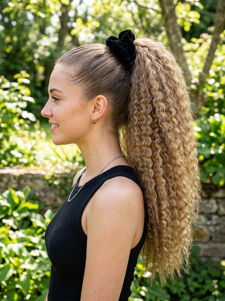 Young woman in profile showcasing a voluminous long blonde hair extension with wavy texture tied in a high scrunchie.
