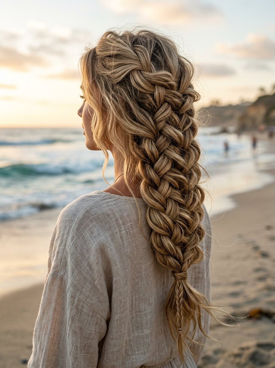 Blonde woman with long textured braided hair looking at the sunset over the ocean from a sandy beach.
