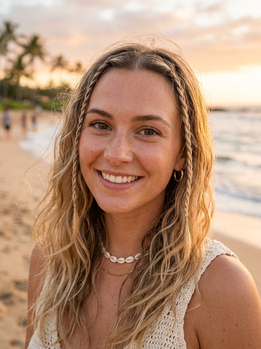Portrait of a smiling blonde woman with beachy waves and two small front braids standing on the sand at sunset.