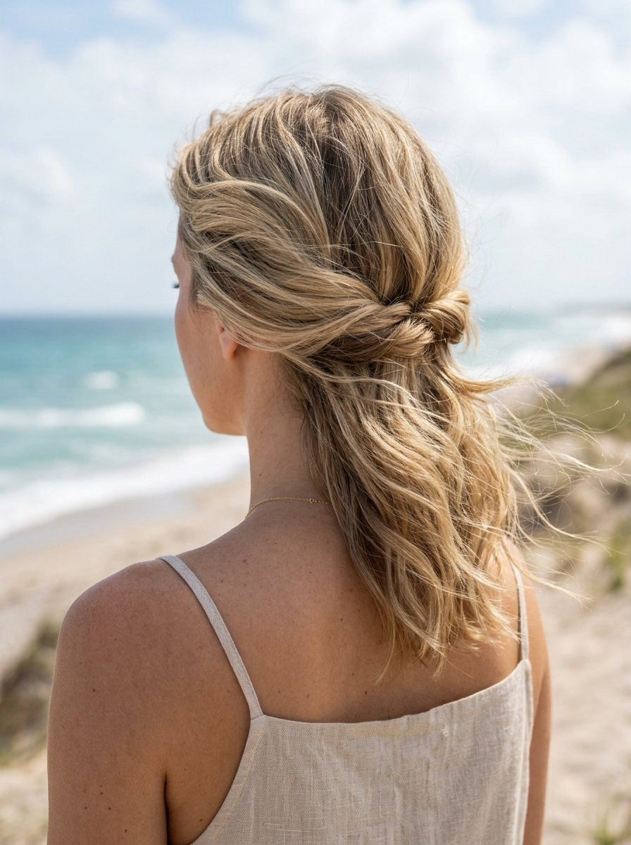 Back view of a blonde woman wearing a beige linen top with a twisted half-up hairstyle at the ocean shore.