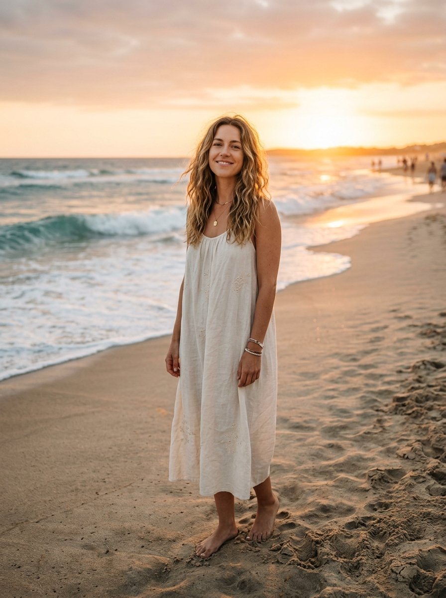 A blonde woman with wavy hair stands barefoot on the sand at sunset wearing a beige midi dress.