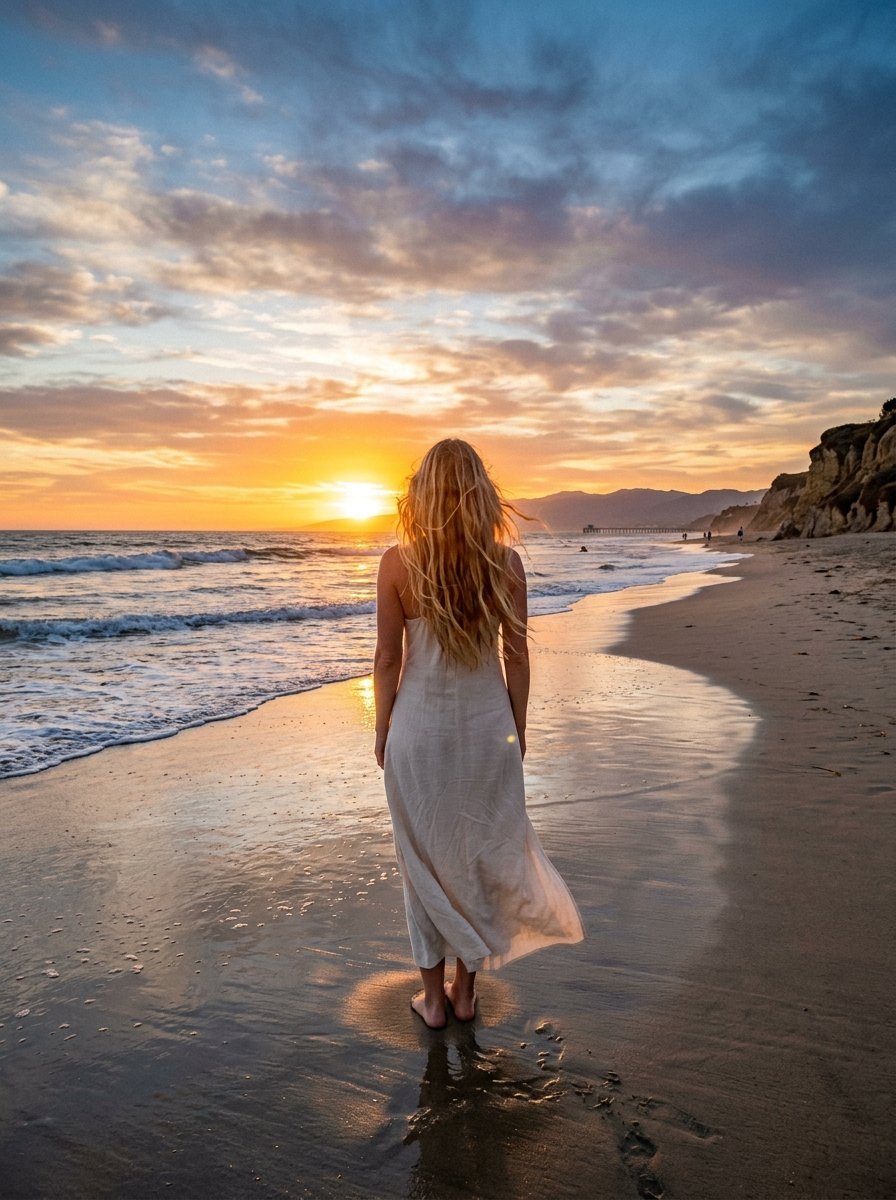 A blonde woman viewed from behind standing in the shallow surf during a colorful coastal golden hour.