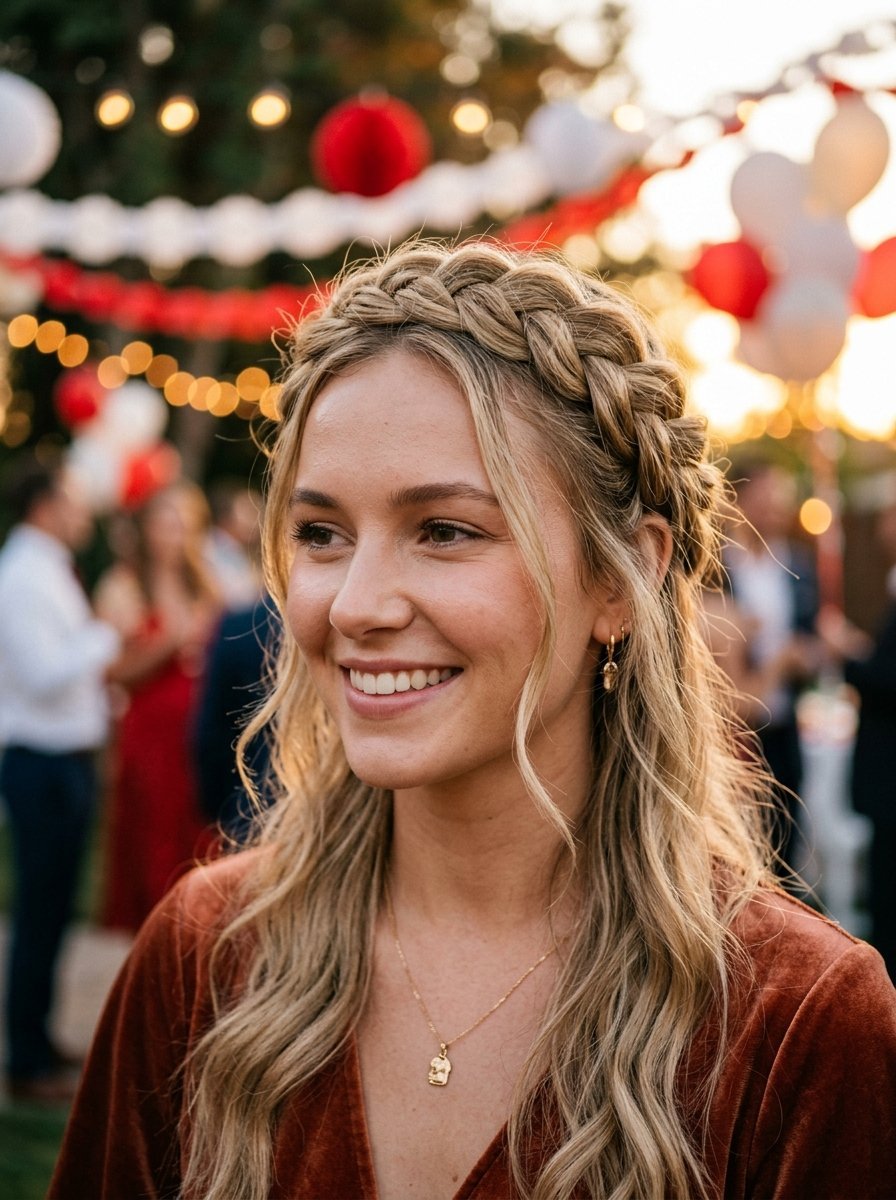 Close up of a blonde woman with a thick braided headband hairstyle at a garden party with string lights.