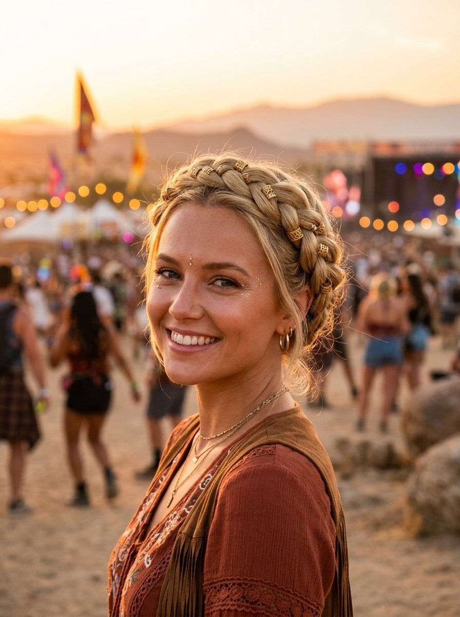 Portrait of a blonde woman with a gold-accented crown braid posing at a desert concert venue during sunset.