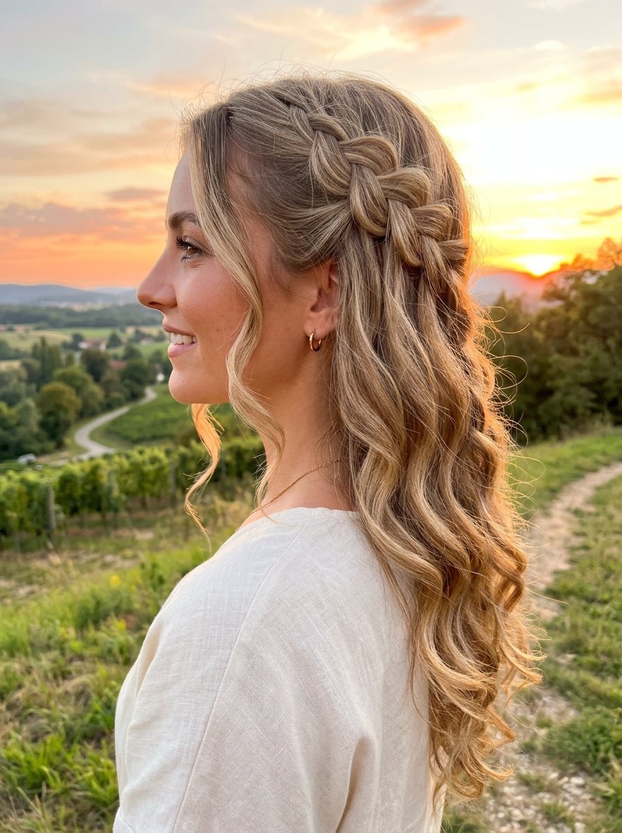 Side profile of a blonde woman with loose wavy hair and a side braid standing in a meadow at golden hour.