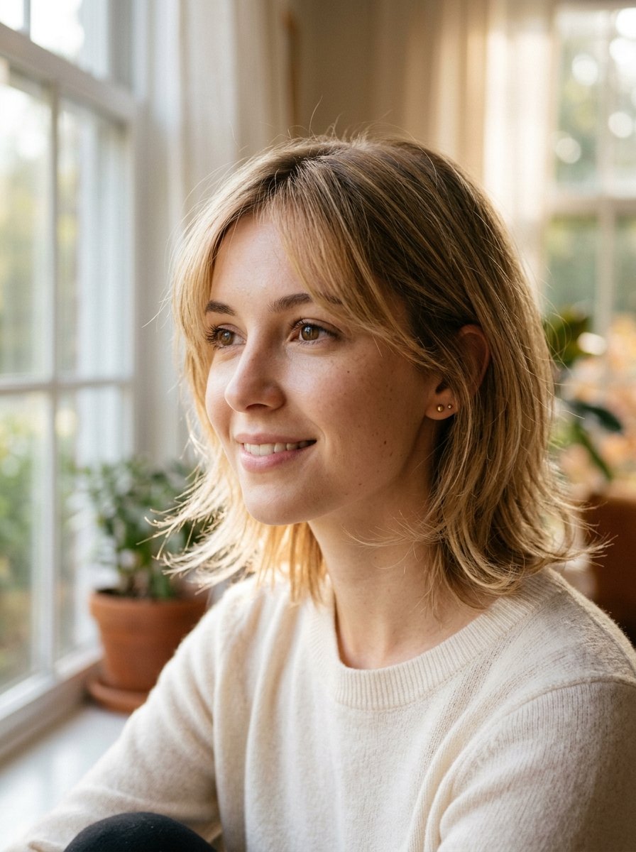Portrait of a blonde woman with shoulder-length hair wearing a cream sweater in a sunlit room.